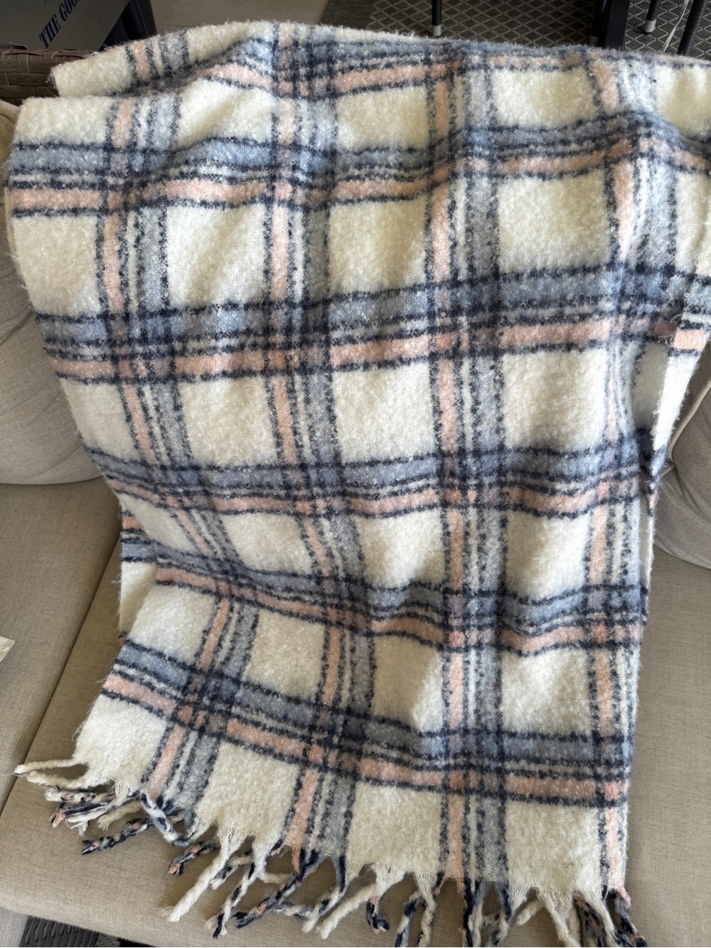 GAP Cream Plaid Throw or Scarf with Pink and Gray Accents